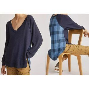 Anthropologie Pilcro V Neck LS Boyfriend Top Blue Plaid Sz S Oversized NWT $90